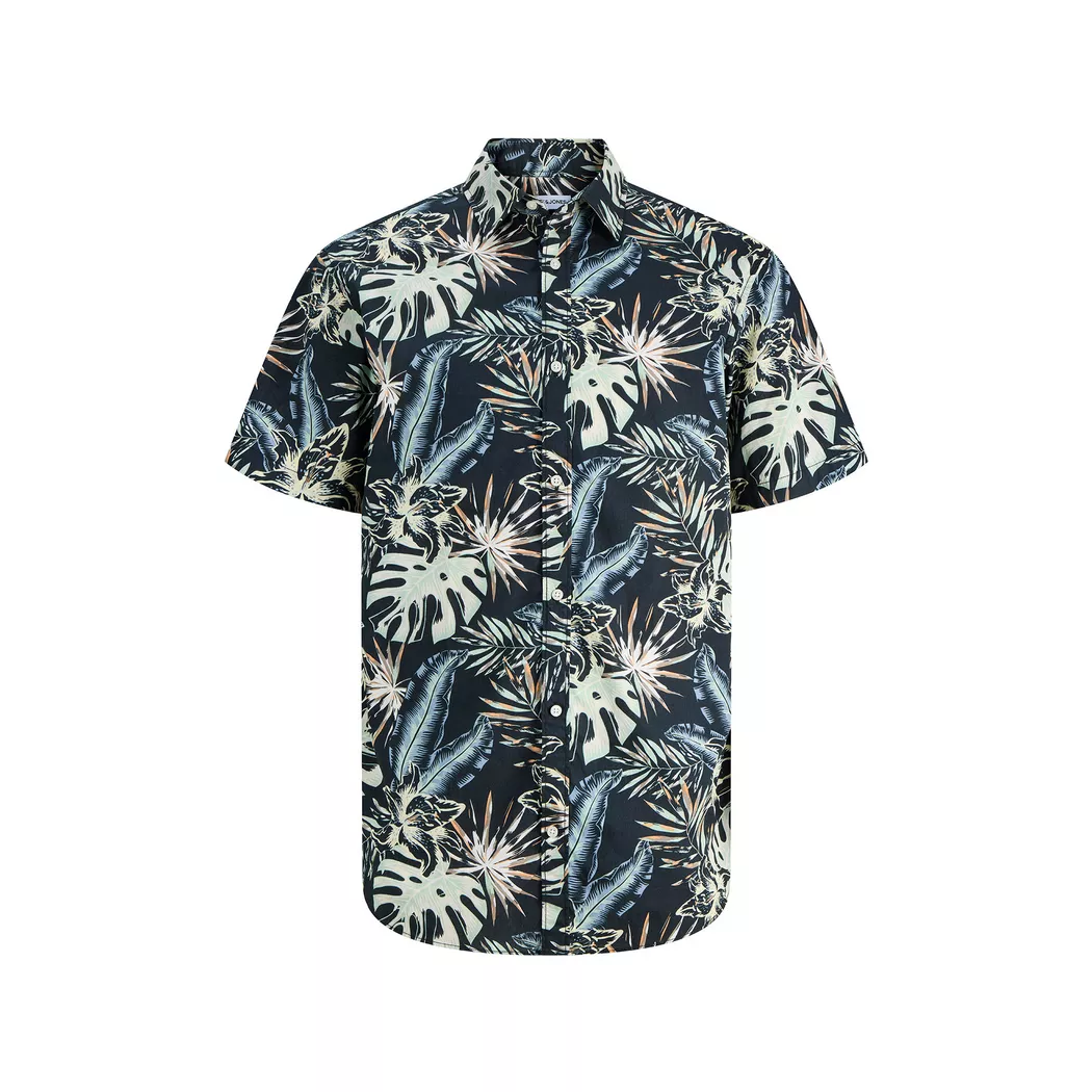 Kurzarmhemd JACK & JONES "JJHONOLULU AOP SHIRT SS", Herren, Gr. S, N-Gr, schwarz, Web, Obermaterial: 100% Baumwolle, gemustert, regular fit, Hemden