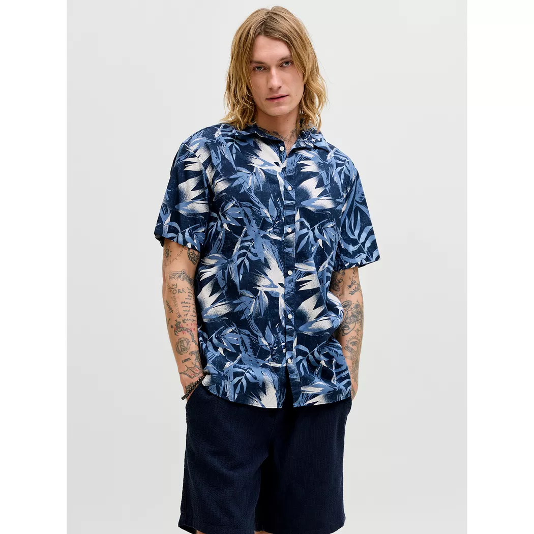 Kurzarmhemd JACK & JONES "JJHONOLULU AOP SHIRT SS", Herren, Gr. XL, N-Gr, navy blazer, Web, Obermaterial: 100% Baumwolle, gemustert, regular fit, Hemden
