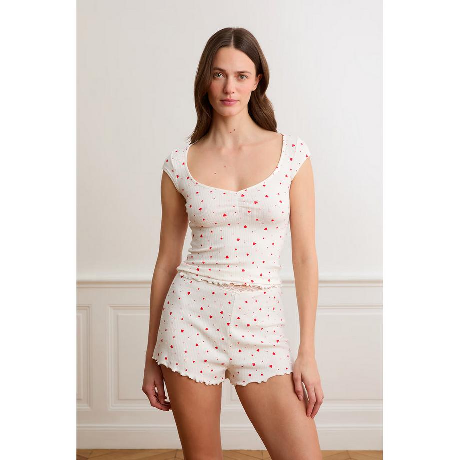 Etam Top Côtelé Manches Courtes Imprimé Cœurs  