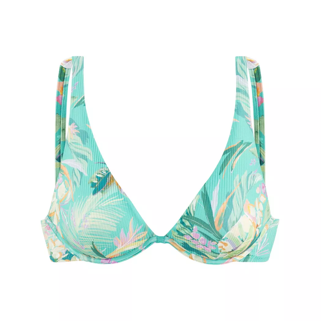 Bügel-Bikini-Top VENICE BEACH "Sandra", Damen, Gr. 40, Cup B, türkis bedruckt, Recycling-Polyamid, Rippoptik, geblümt, leicht glänzend, Bikini-Oberteile, in modischer, leicht glänzender Rippware