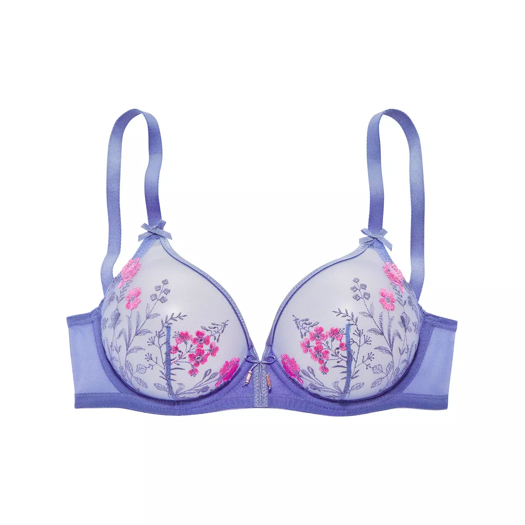 Bügel-BH LASCANA "Maria", Damen, Gr. 85, Cup D, blau, pink, Spitze, Obermaterial: 74% Polyamid, 23% Polyester, 3% Elasthan, BHs Bügel-BH, mit Blumen aus edler Stickereispitze, transparente Unterwäsche