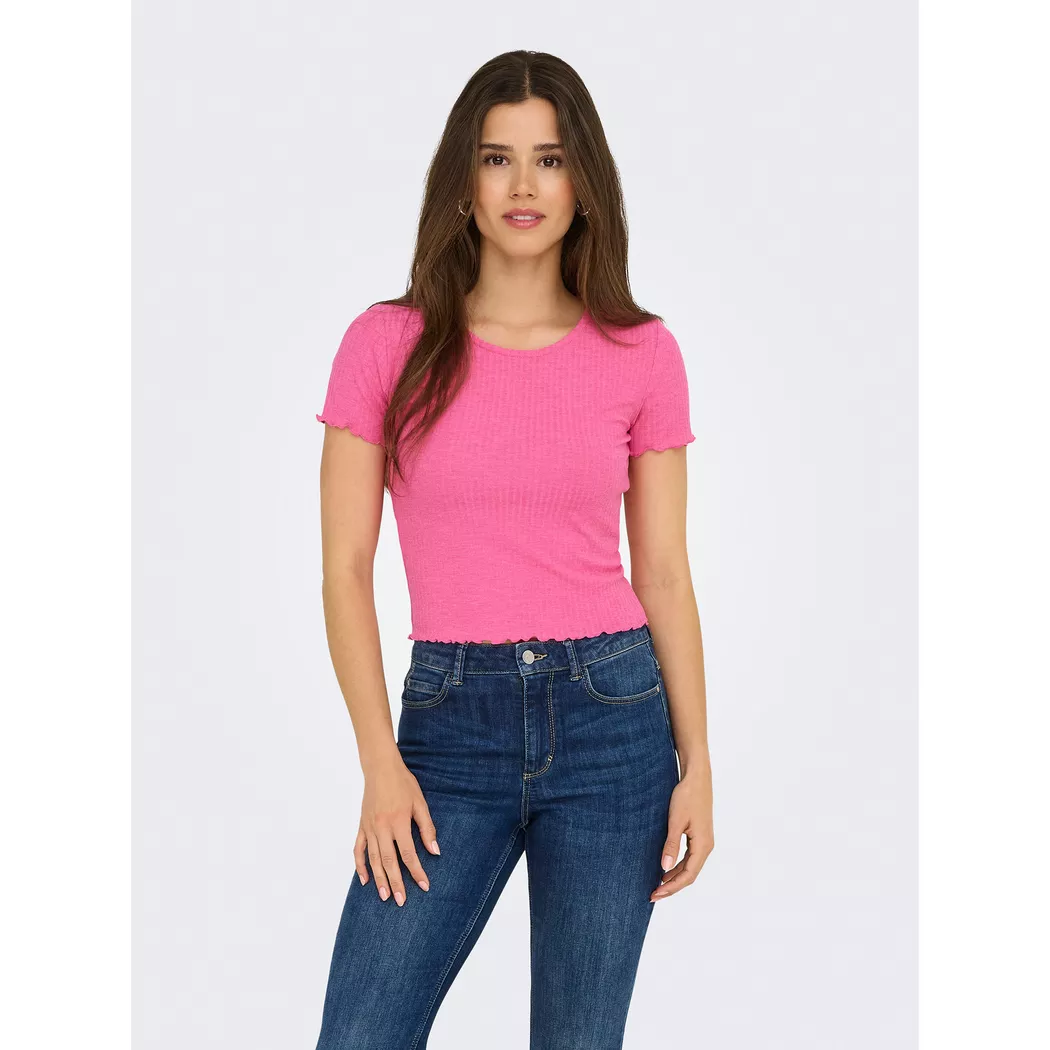 Rundhalsshirt ONLY "ONLEMMA S/S SHORT TOP NOOS JRS", Damen, Gr. XL (42), pink (azalea pink), Jersey, Obermaterial: 65% Polyester, 30% Viskose, 5% Elasthan, unifarben, regular fit kurz, Rundhals, gewellter Abschluss, Shirts Rundhalsshirt, Rundhals, modisch