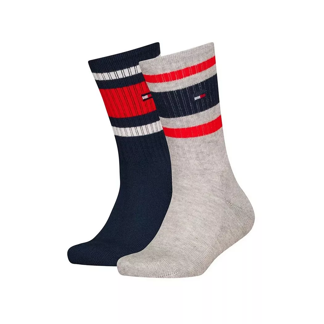Socken TOMMY HILFIGER "TH KIDS SOCK 2P SPORT STRIPE", Damen, Gr. 31-34, grau melange, Obermaterial: 73% Baumwolle, 25% Polyamid, 2% Elasthan, Socken Socken