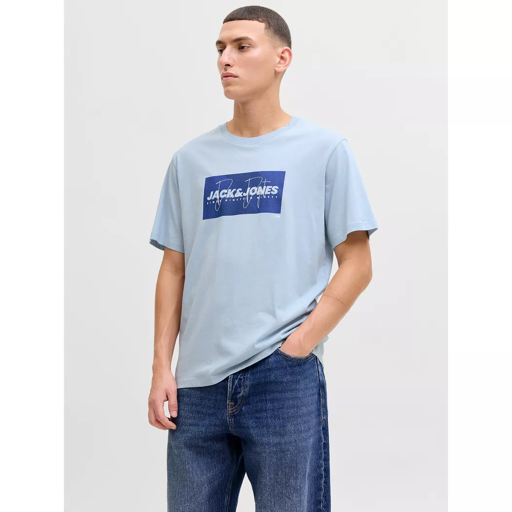 Rundhalsshirt JACK & JONES "JJHONOLULU AOP TEE SS CREW NECK", Damen, Gr. M, celestial blau, Jersey, Obermaterial: 100% Baumwolle, bedruckt, regular fit normal, Rundhals, Shirts Rundhalsshirt, Baumwolle, regular fit 3