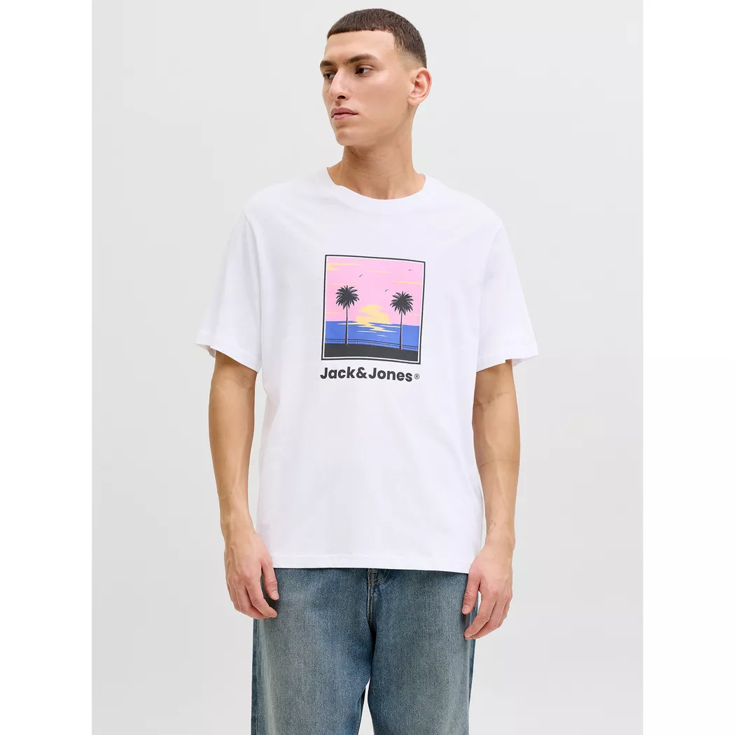 Rundhalsshirt JACK & JONES "JJESTAR mit Pigmentprint und Baumwollgefühl", Herren, Gr. M, weiß, Single Jersey, Obermaterial: 100% Baumwolle, bedruckt, relaxed fit normal, Rundhals, gerader Abschluss, Shirts Rundhalsshirt, Baumwolle, relaxed fit 6