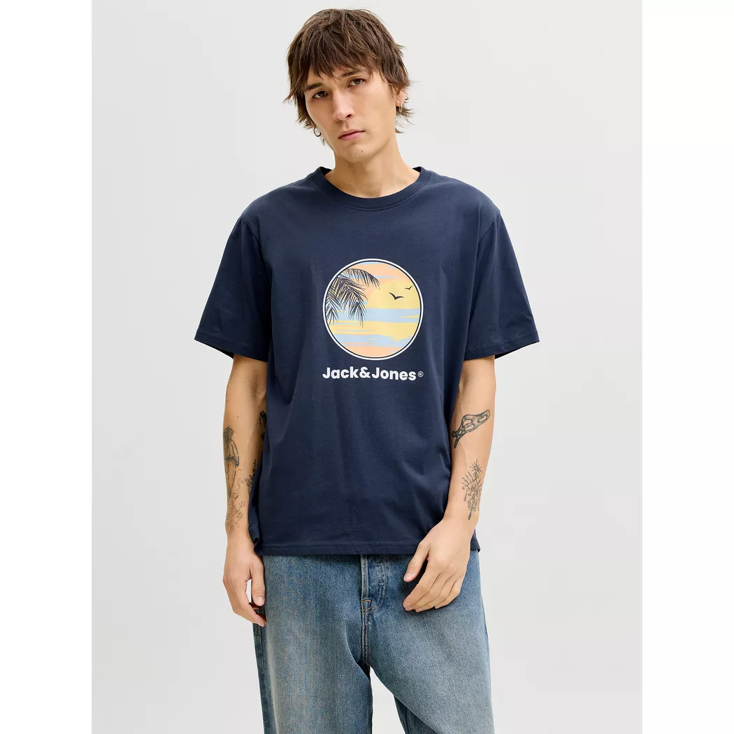 T-Shirt JACK & JONES "JJECORP Herren-Tee mit figurbetonter Silhouette", Herren, Gr. L, blau (navy), Jersey, Obermaterial: 100% Baumwolle, bedruckt, schmal hüftbedeckend, Rundhals, gerader Abschluss, Shirts T-Shirt, bedruckt, modisch, schmal, Baumwolle, Ru 6