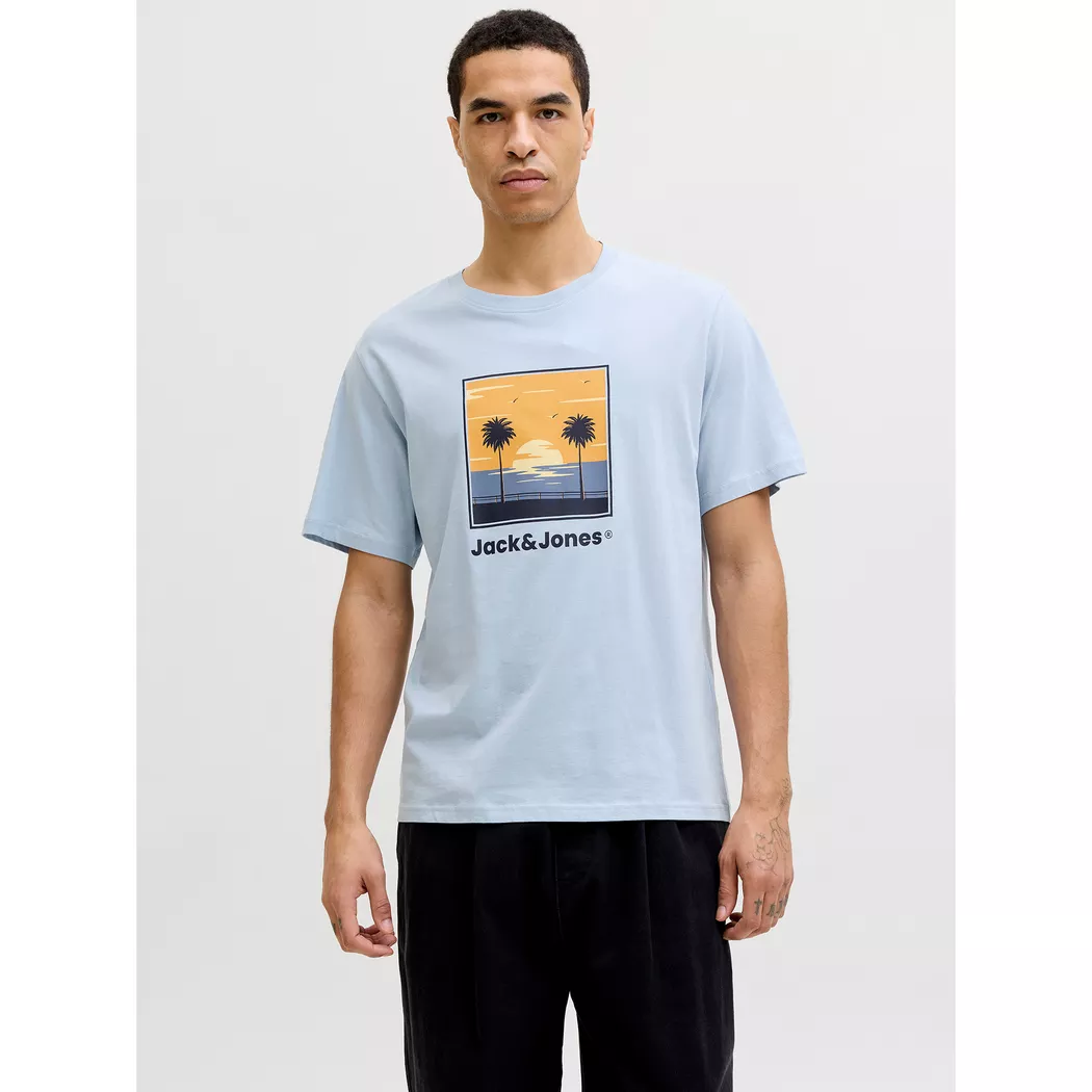 Rundhalsshirt JACK & JONES "JJHONOLULU AOP TEE SS CREW NECK", Damen, Gr. M, celestial blau, Jersey, Obermaterial: 100% Baumwolle, bedruckt, regular fit normal, Rundhals, Shirts Rundhalsshirt, Baumwolle, regular fit 5
