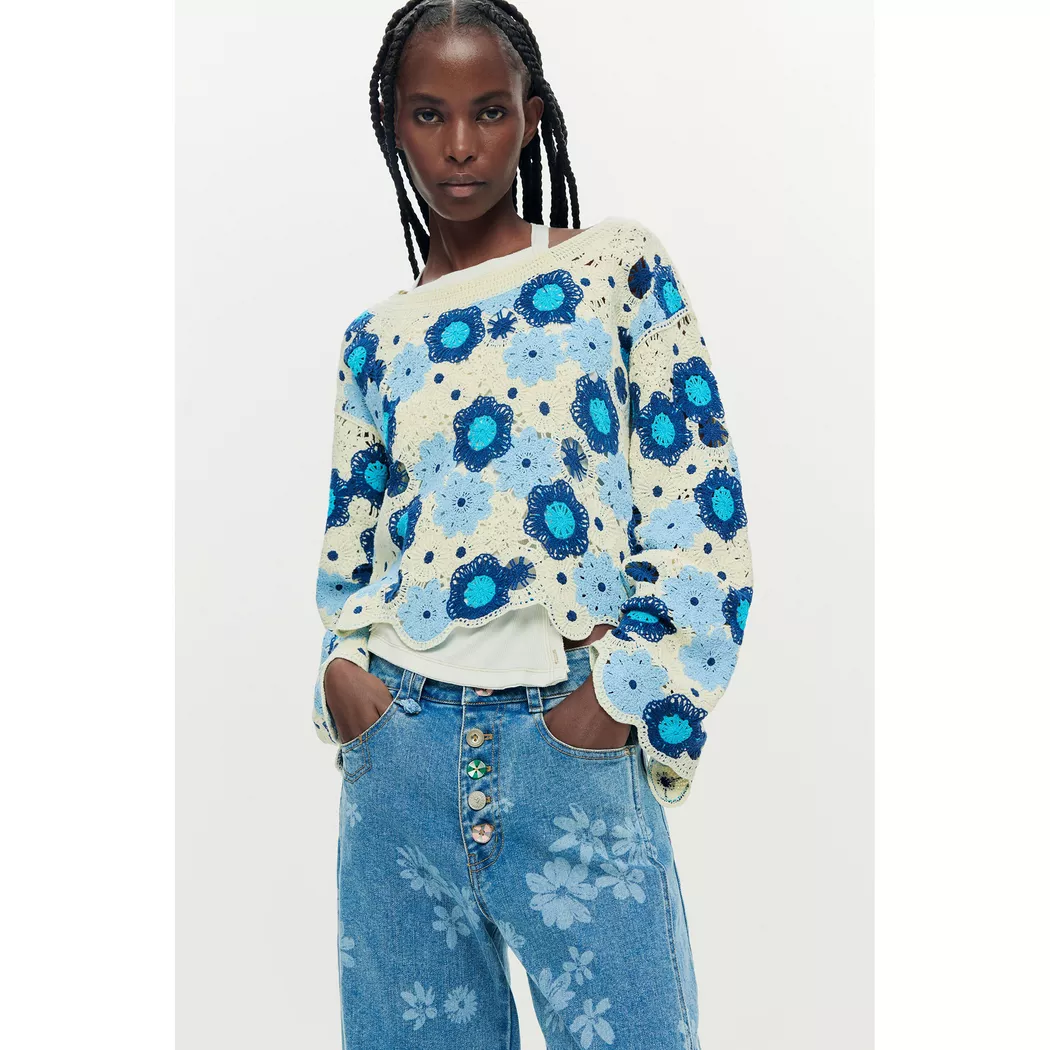 Desigual Pull crochet à fleurs BLUE M female