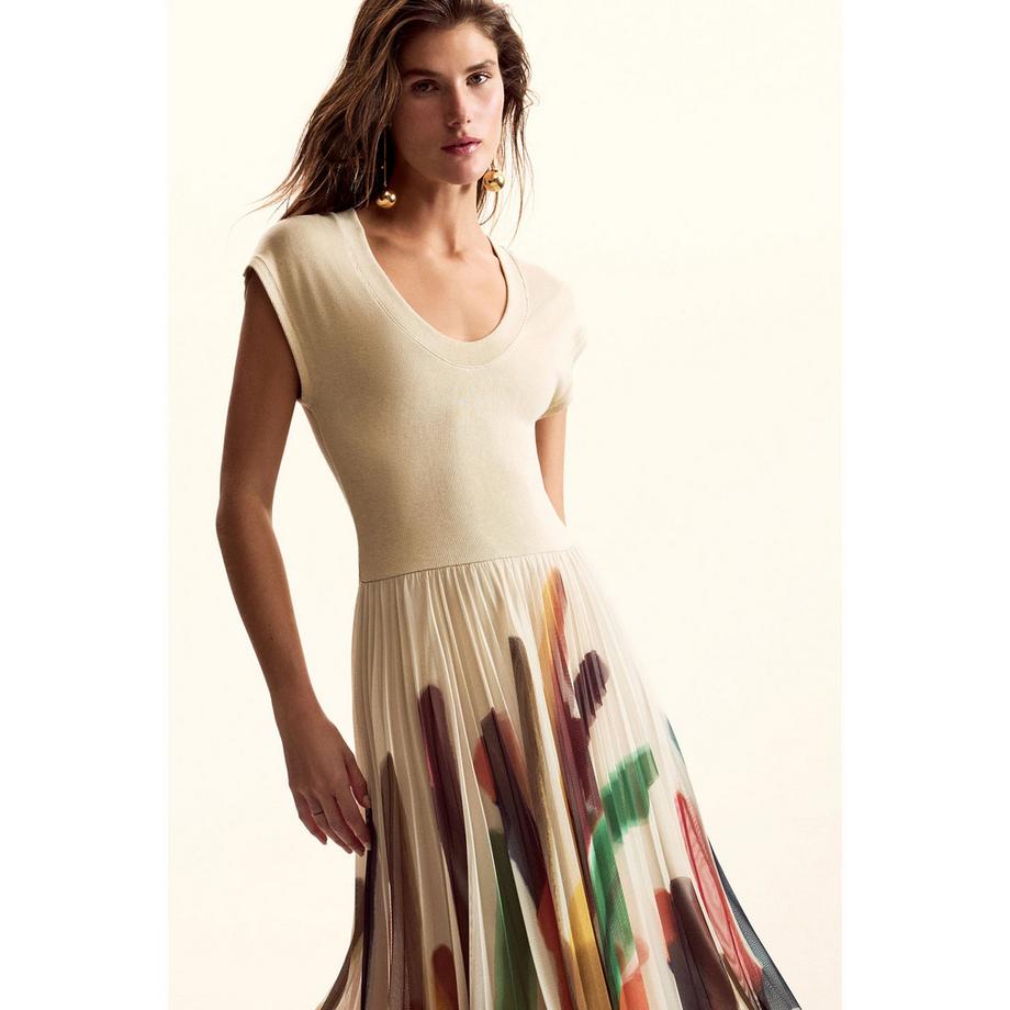 Desigual Abito Midi Plissettato con Stampa Astratta  