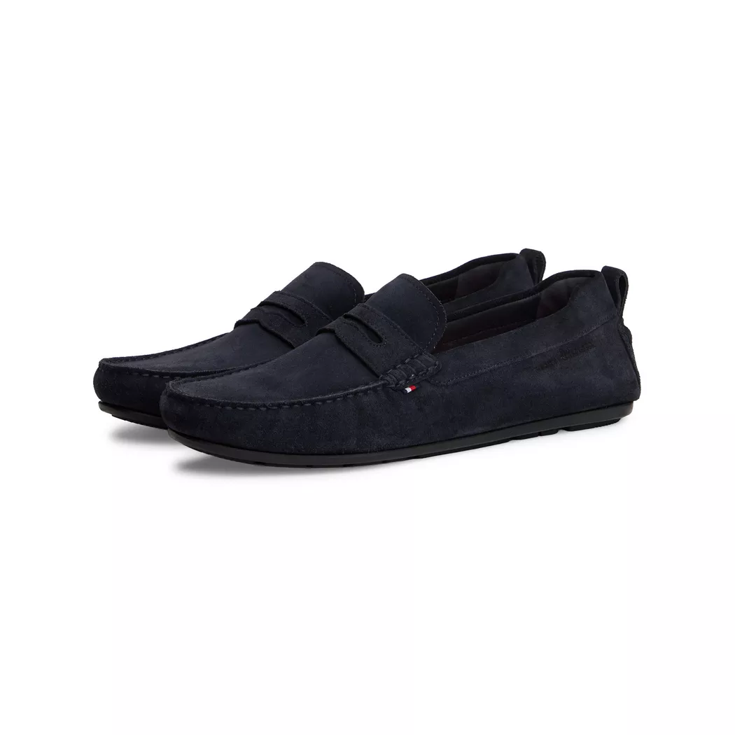 Slipper TOMMY HILFIGER "CORE HILFIEGR SUEDE DRIVER", Herren, Gr. 45, dunkelblau, Veloursleder, unifarben, Schuhe Slipper, Flats, Schlupfschuh in Mokassin-Optik