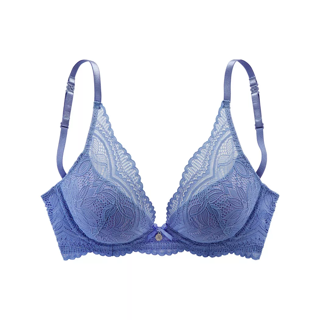 Bralette-BH LASCANA "Alicia", Damen, Gr. 75, Cup B, blau (kornblumenblau), Spitze, Obermaterial: 50% Polyamid, 44% Polyester, 6% Elasthan, BHs, ohne Bügel mit feiner Spitze mit Blättermotiv, Dessous