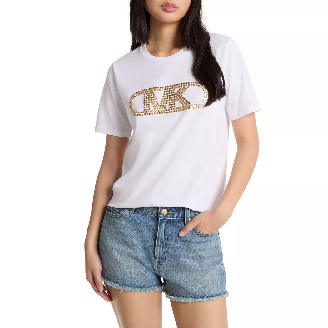 Michael Kors pour femme. MS651SC97J T-shirt logo clous blanc (L), Casuel, Coton, Manche courte