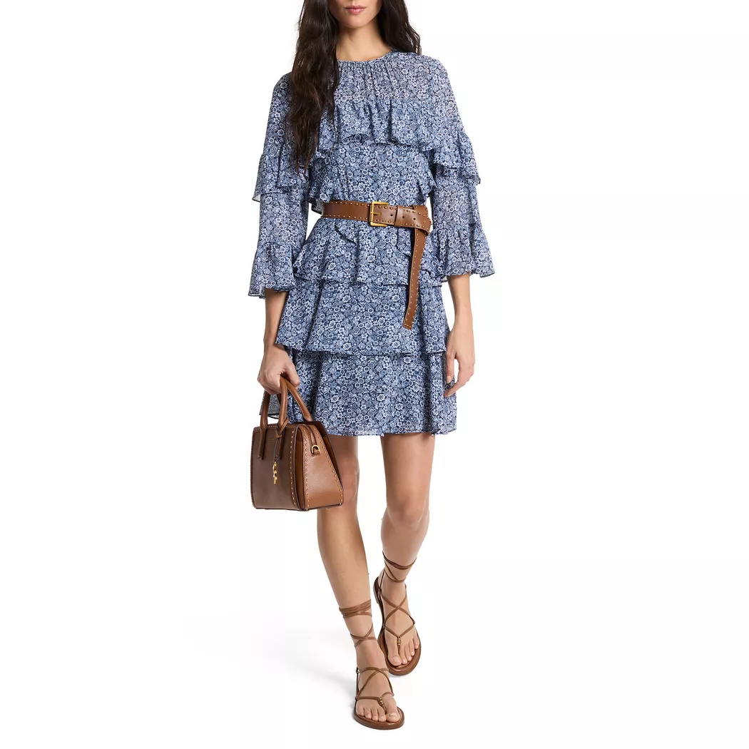 Michael Kors Floral Print Georgette Ruffle Mini Dress blue Large female