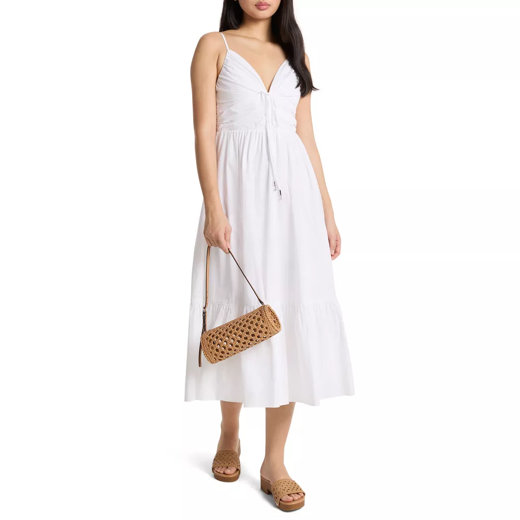 Michael Kors pour femme. MS683DHKLZ Robe midi en popeline de coton blanche (XS), Casuel, Sans manches / bretelles