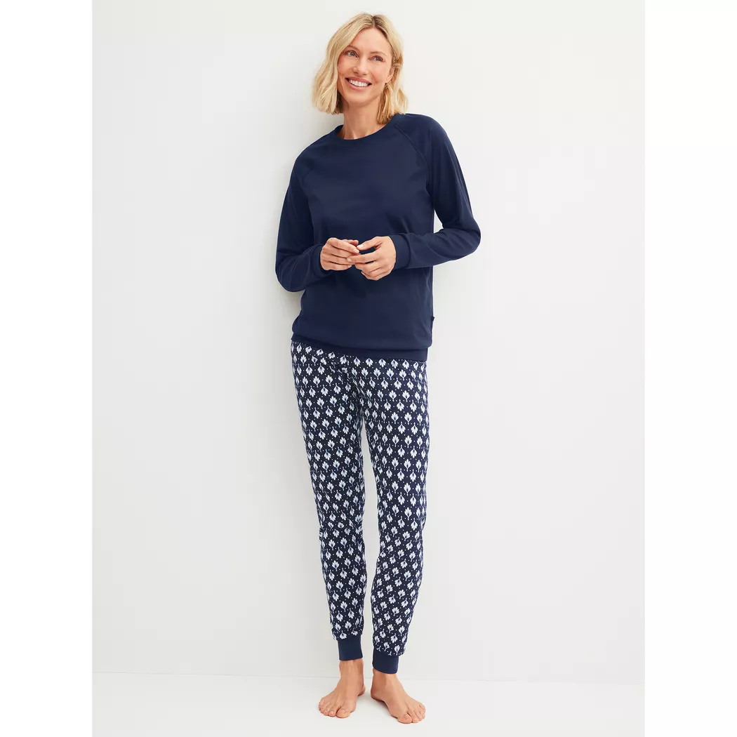 Schlafanzug CALIDA "Sweet Dreams", Damen, Gr. S (40/42), blau (peacoat blau), Interlock, Obermaterial: 100% Baumwolle, bequem lang, Rundhals, angesetztes Bündchen, Homewear-Sets Schlafanzug, Langarm, Rundhals, Interlock-Qualität, weich, bequem 4