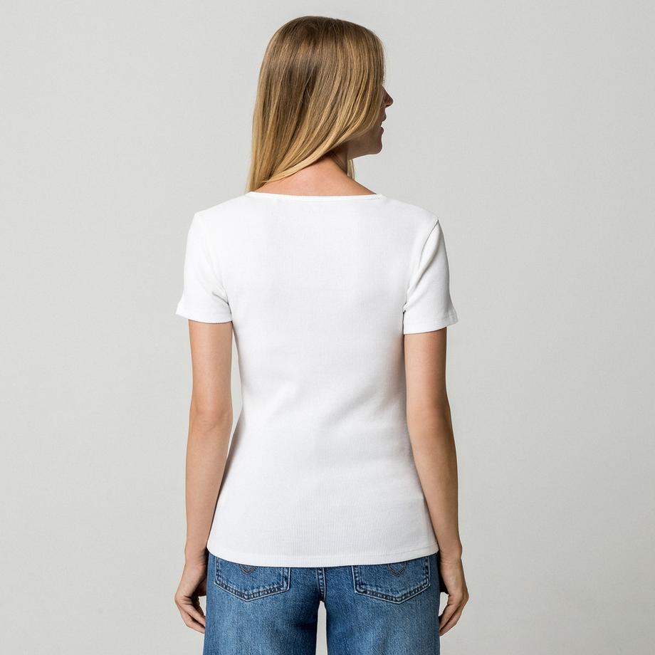 Manor Woman Geripptes Henley T-Shirt Kurzarm  