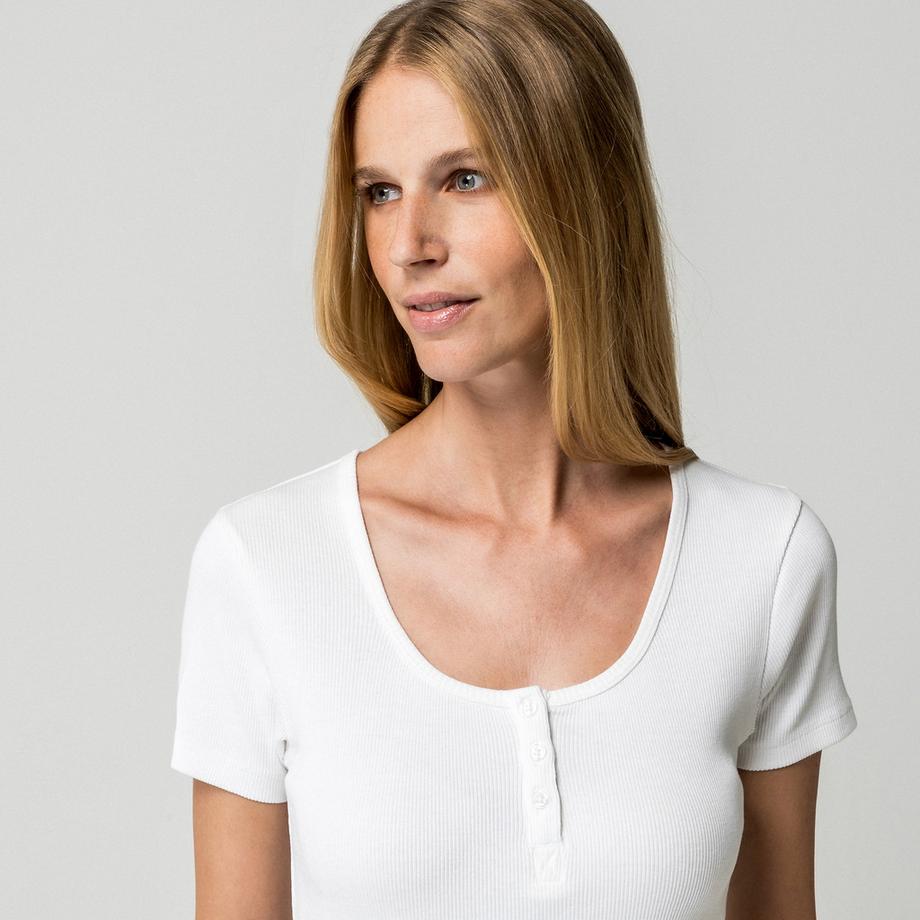 Manor Woman Geripptes Henley T-Shirt Kurzarm  
