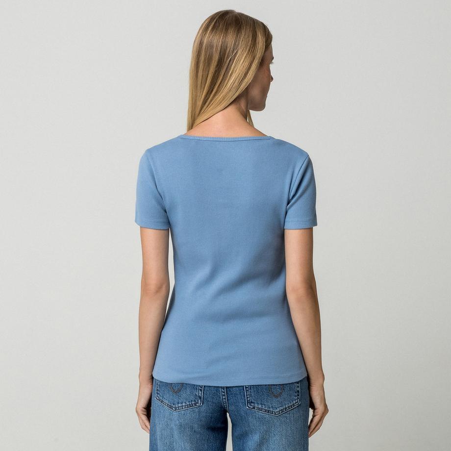 Manor Woman T-shirt Henley côtelé manches courtes  