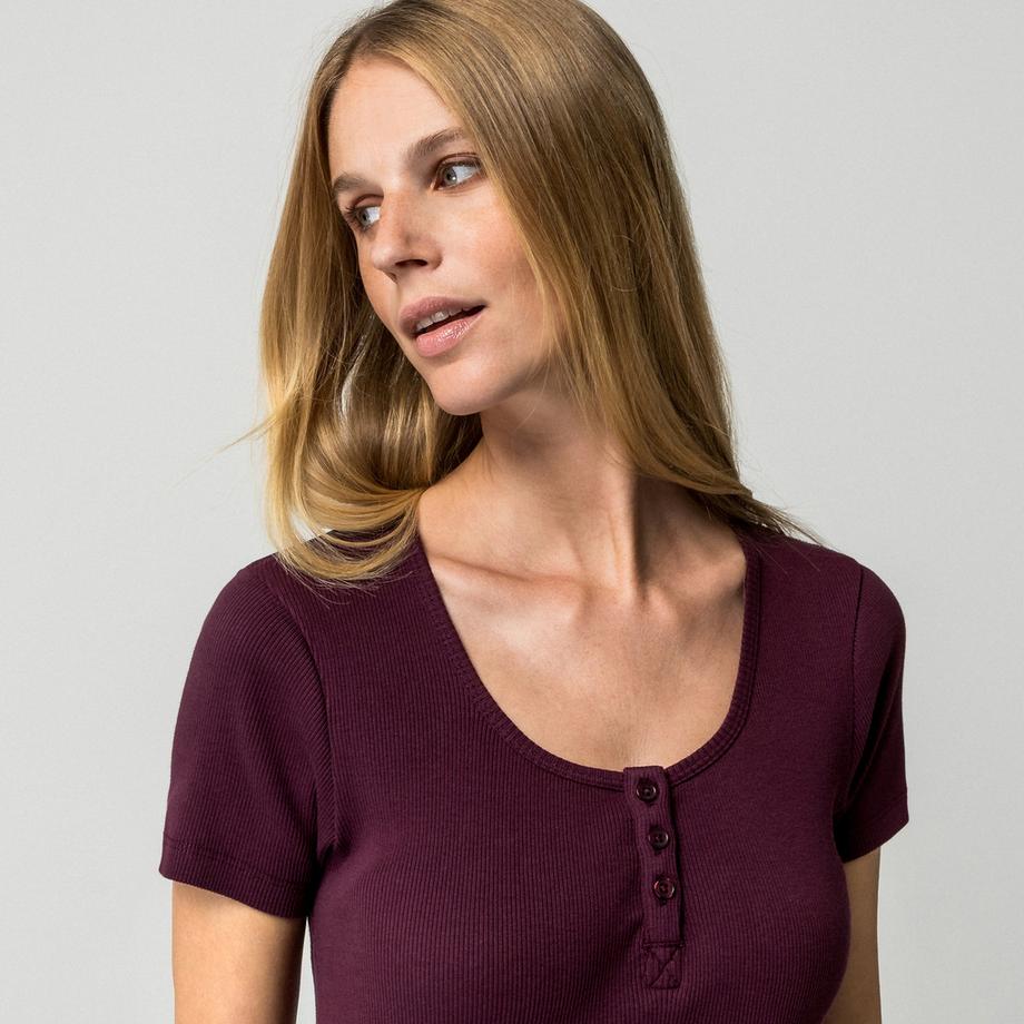 Manor Woman T-shirt Henley côtelé manches courtes  
