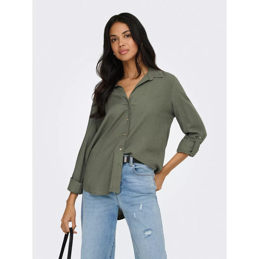 Hemdbluse ONLY "ONLGOA 3/4 STRAP LINEN BL SHIRT CC PNT", Damen, Gr. S, smokey olive, Web, Obermaterial: 70% Viskose, 30% Leinen, unifarben, loose fit Po-bedeckend, Blusen Hemdbluse, mit Leinen, umschlagbare Manschetten