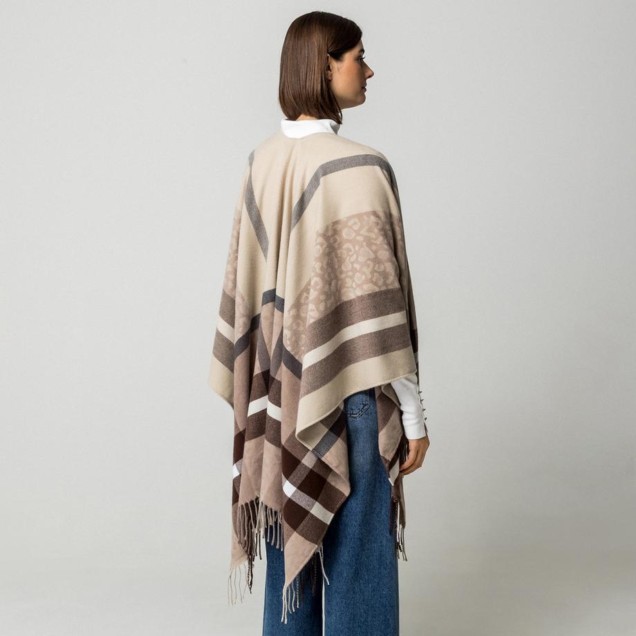Manor Woman Poncho a quadri con dettaglio stampa leopardo  