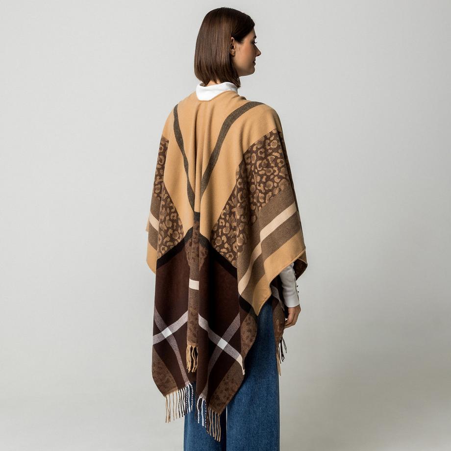 Manor Woman Poncho à carreaux avec détail imprimé léopard  