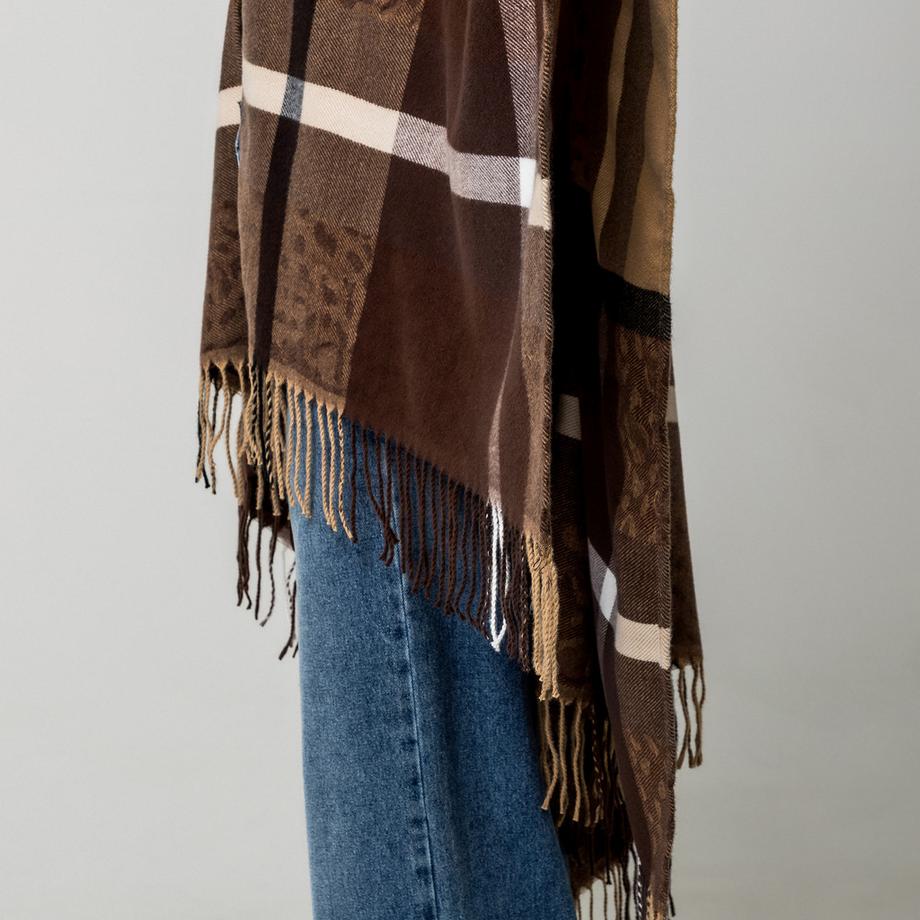 Manor Woman Poncho à carreaux avec détail imprimé léopard  