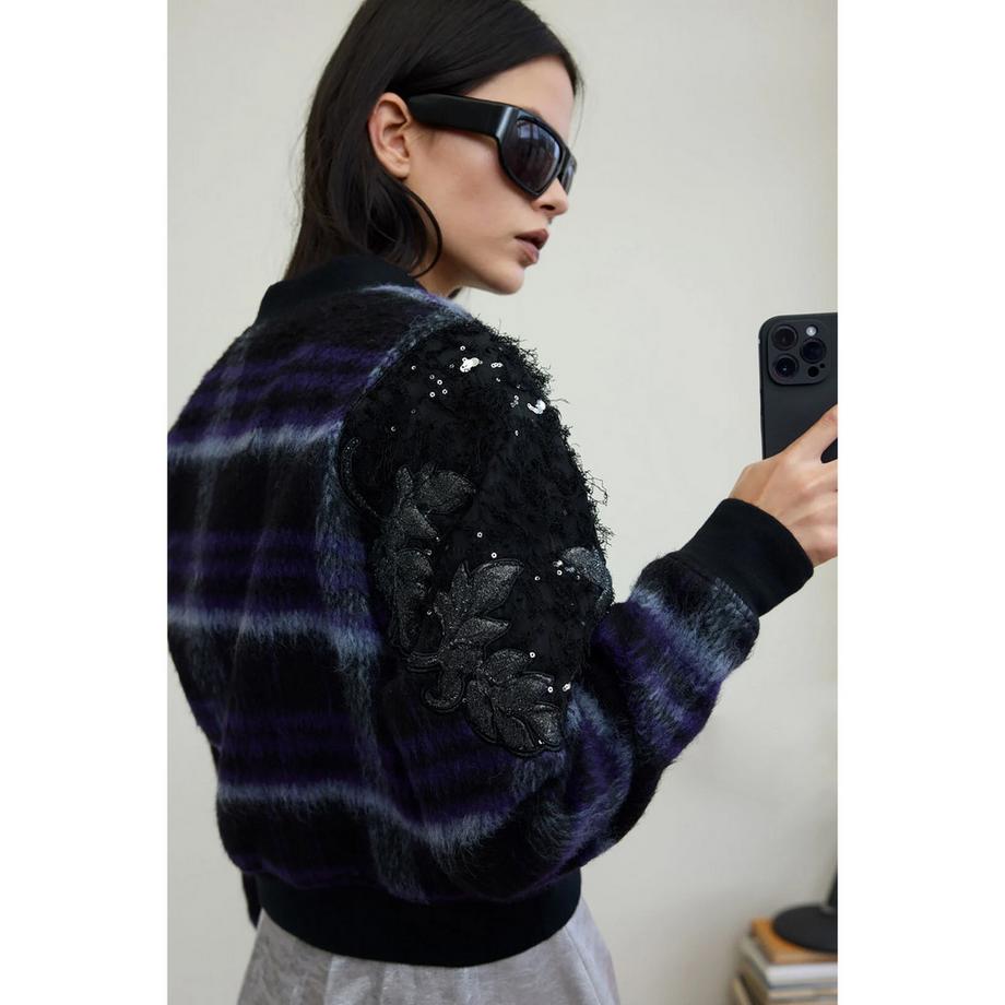 Desigual Blouson Bomber Carreaux avec Ornements Paillettes  