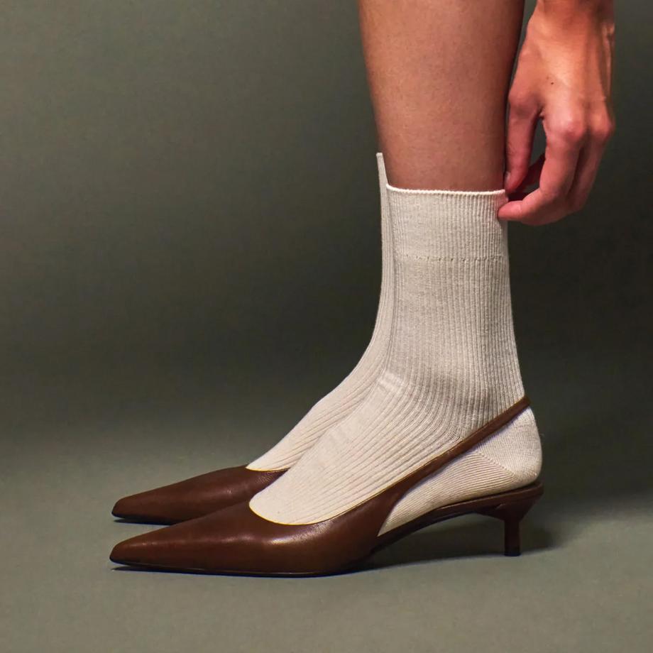 von Jungfeld Fine Ribbed A ecru Chaussettes hauteur mollet  