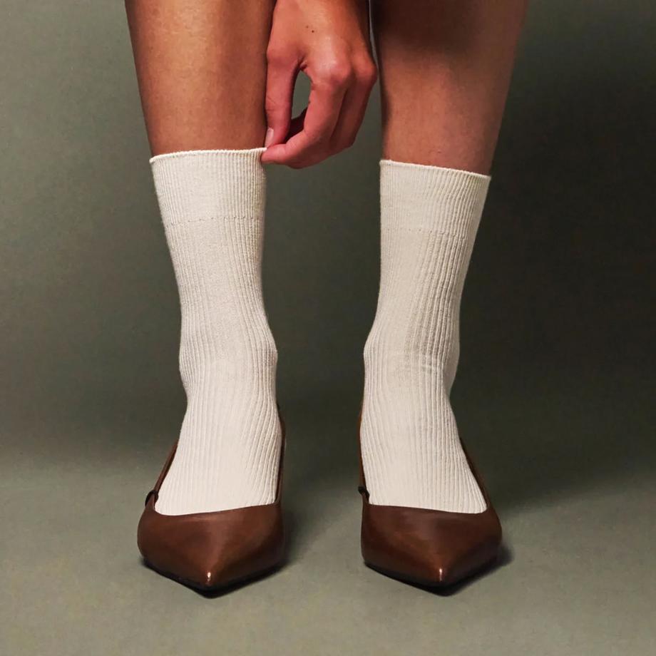 von Jungfeld Fine Ribbed A ecru Chaussettes hauteur mollet  