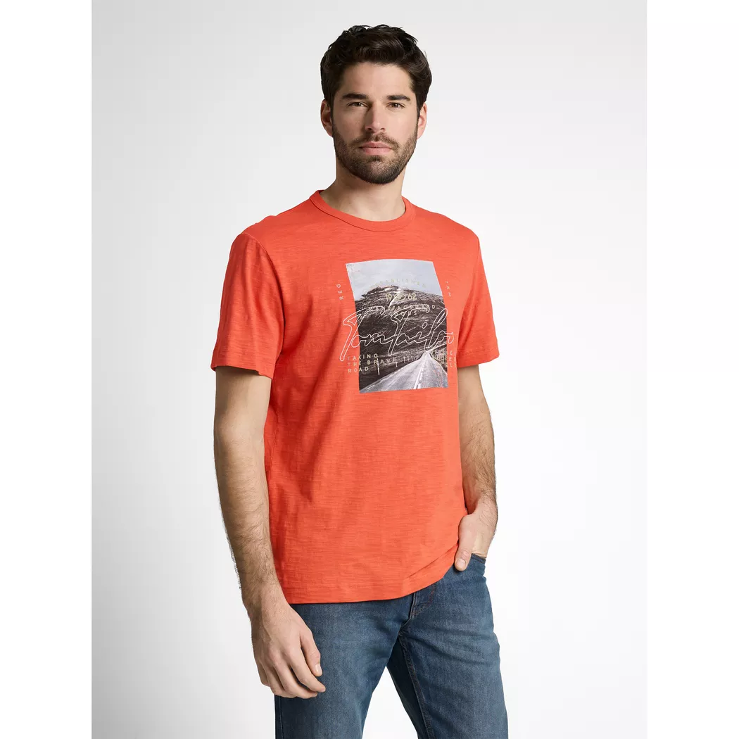 T-Shirt TOM TAILOR, Damen, Gr. M, chili orange, Single Jersey, Obermaterial: 100% Baumwolle, bedruckt, regular fit normal, Rundhals, Shirts T-Shirt, mit Foto Print