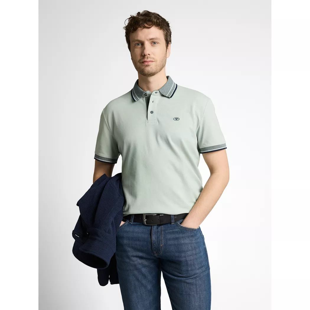 Poloshirt TOM TAILOR, Damen, Gr. XXL, soft grauish grün, Single Jersey, Obermaterial: 95% Baumwolle, 5% Elasthan, kontrastfarbene Details, unifarben, regular fit normal, ohne Ausschnitt, kontrastfarben, Shirts, mit Logo Print