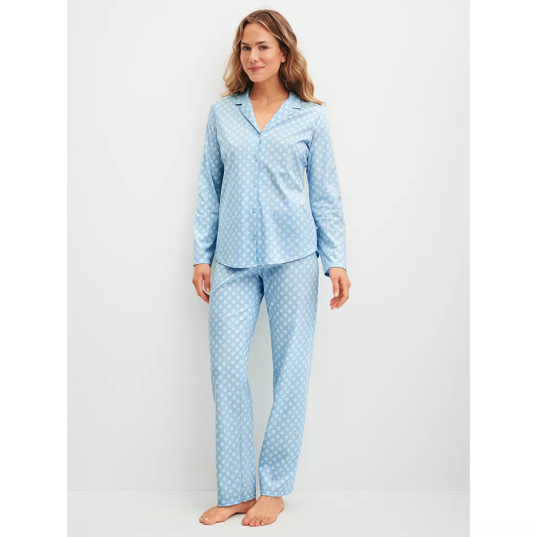 Schlafanzug CALIDA "Lovely Nights", Damen, Gr. XS (36/38), cascade blau, Single Jersey, Obermaterial: 100% Baumwolle, bequem lang, V-Ausschnitt, Homewear-Sets Schlafanzug, mit langen Ärmeln, Knöpfe, Allover-Print