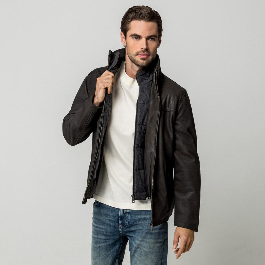 Manor Man Veste en cuir à col montant  