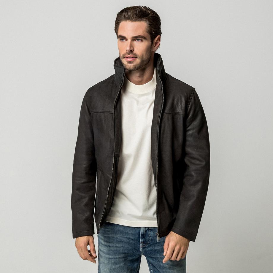 Manor Man Lederjacke mit Stehkragen  
