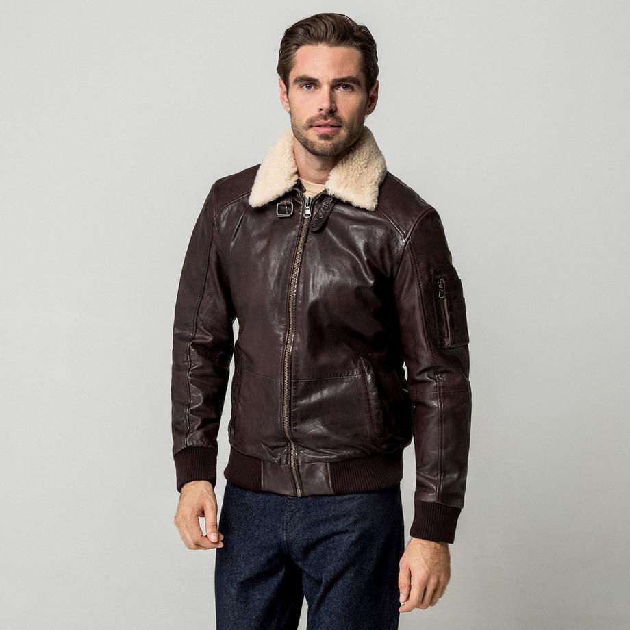 Manor Man Lederjacke mit Schafwollkragen  