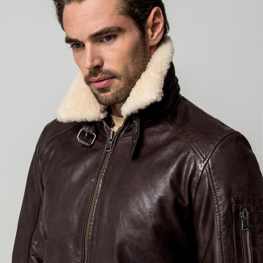 Manor Man Lederjacke mit Schafwollkragen  