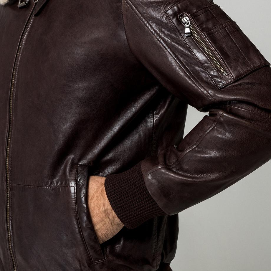 Manor Man Lederjacke mit Schafwollkragen  
