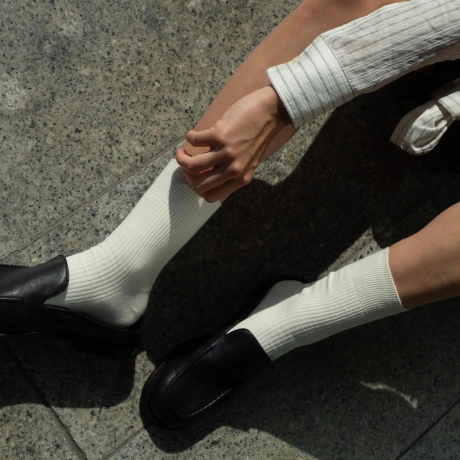 von Jungfeld Fine Ribbed A white Chaussettes hauteur mollet  