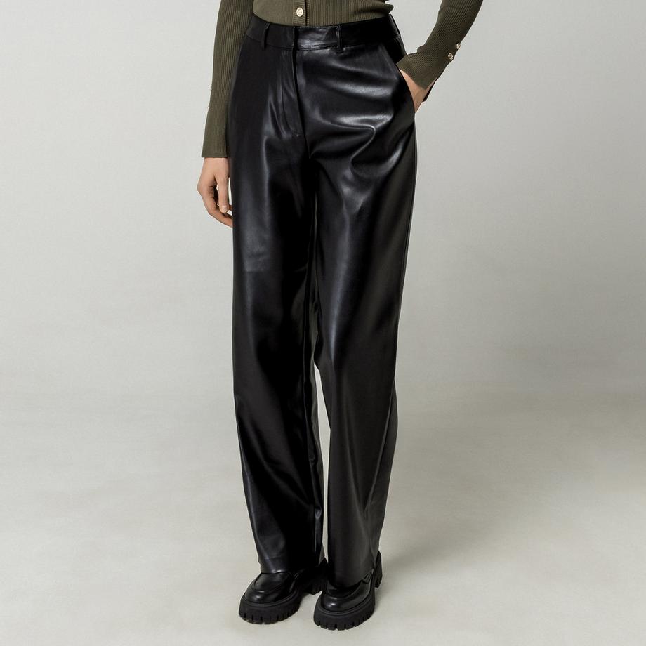 GUESS Schwarze Faux-Leder Weitbeinige Hose  