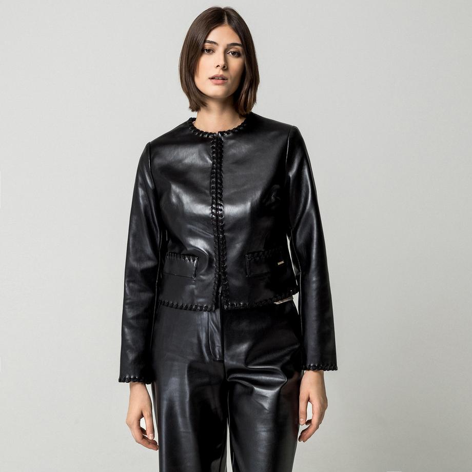 GUESS Cardigan Noir en Faux Cuir avec Détail de Bordure  
