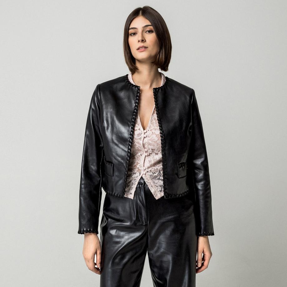GUESS Cardigan Noir en Faux Cuir avec Détail de Bordure  
