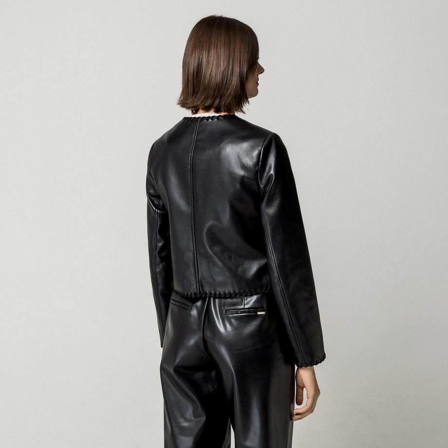 GUESS Cardigan Noir en Faux Cuir avec Détail de Bordure  