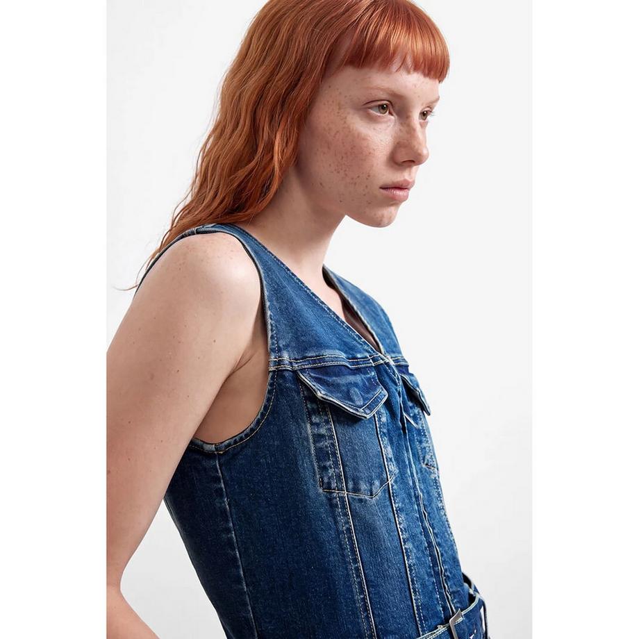 Desigual Robe Top en Denim avec Ourlet Effiloché et Jupe Maxi  