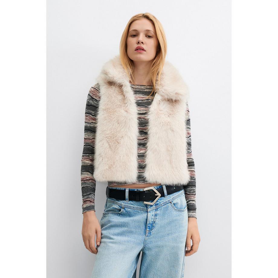 Desigual Bestickte Weste mit Blumenmuster und Kunstfellkragen  