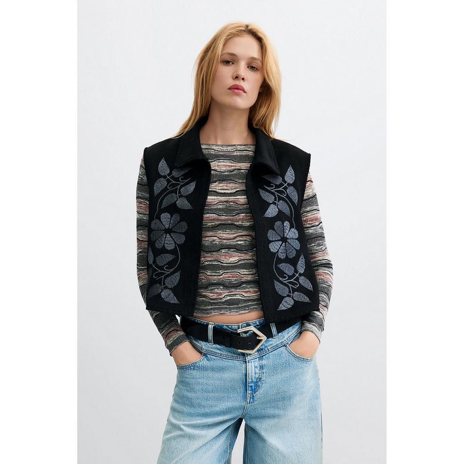 Desigual Bestickte Weste mit Blumenmuster und Kunstfellkragen  