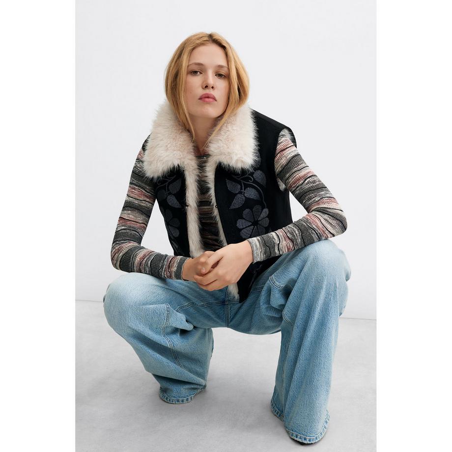 Desigual Bestickte Weste mit Blumenmuster und Kunstfellkragen  