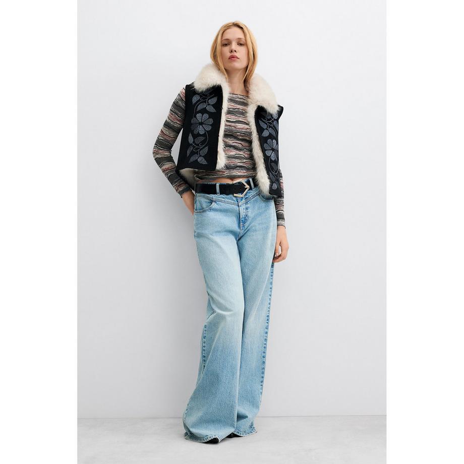 Desigual Bestickte Weste mit Blumenmuster und Kunstfellkragen  