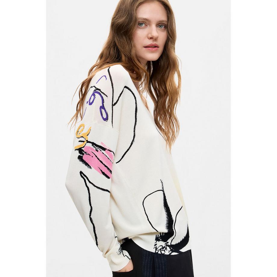 Desigual Maglione collo a V con stampa astratta  
