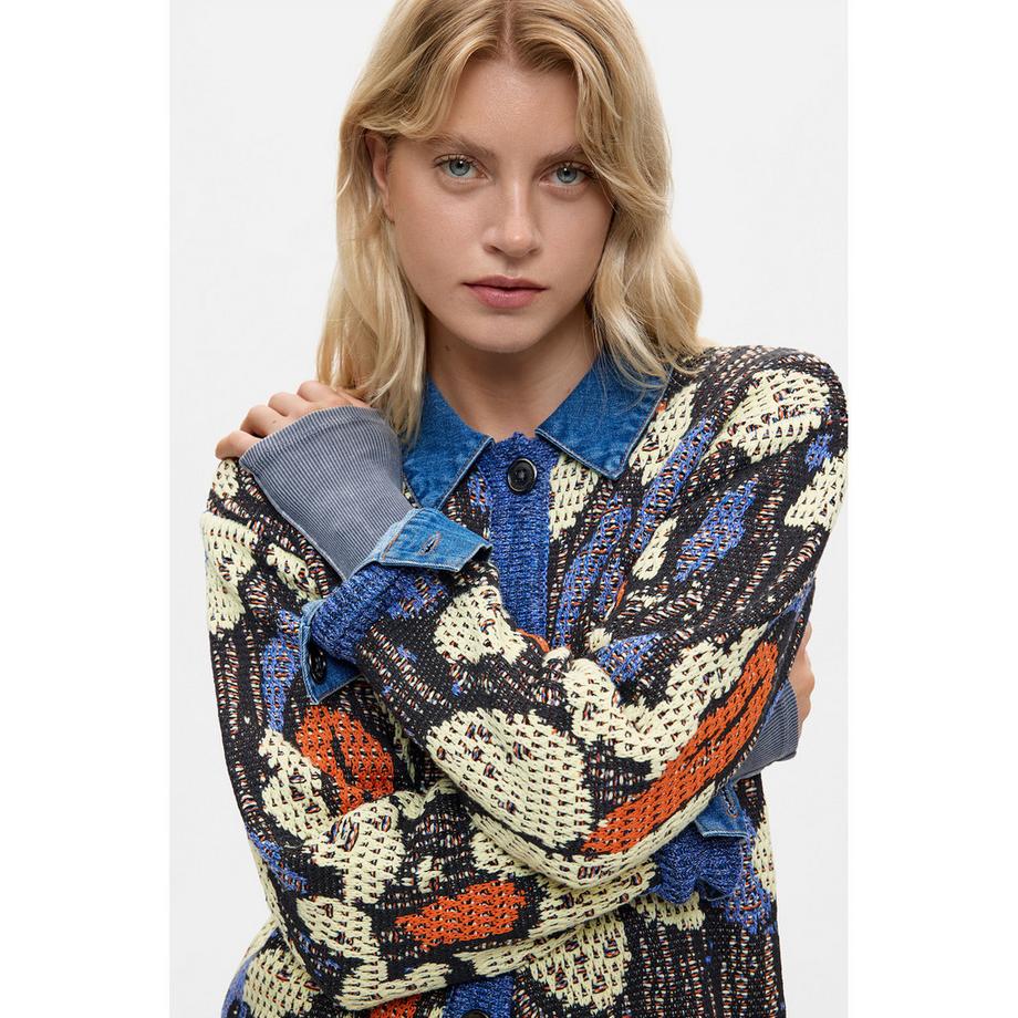 Desigual Cardigan tricoté à motif avec col en jean  